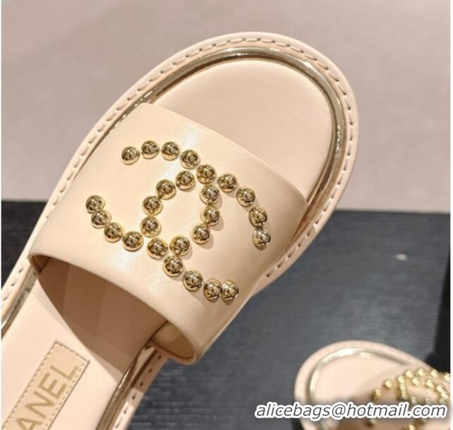 Best Price Chanel Calfskin Flat Slides Sandal with Stud CC Beige 722048