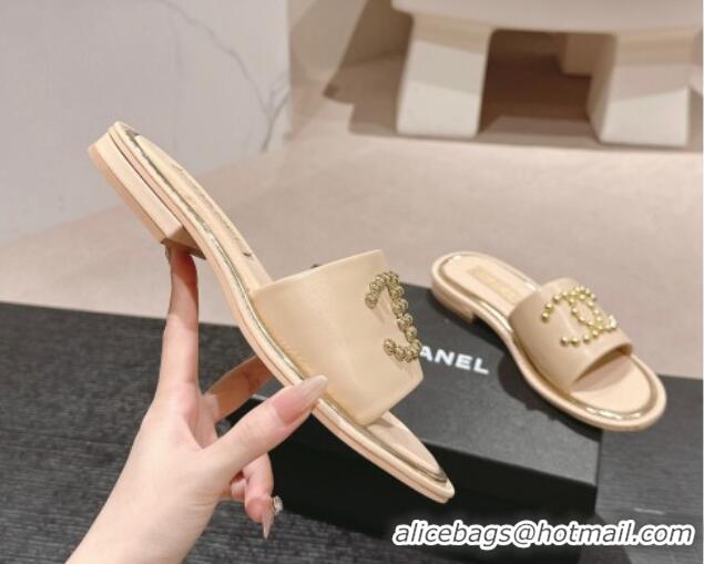 Best Price Chanel Calfskin Flat Slides Sandal with Stud CC Beige 722048