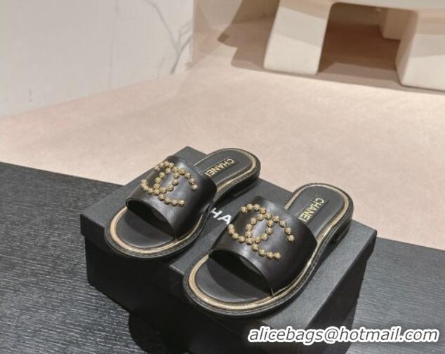 Best Grade Chanel Calfskin Flat Slides Sandal with Stud CC Black 722049