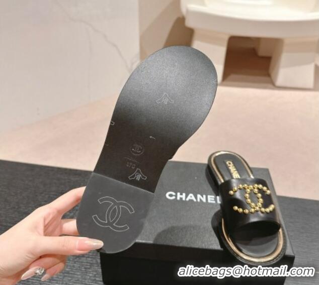 Best Grade Chanel Calfskin Flat Slides Sandal with Stud CC Black 722049