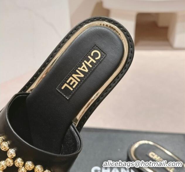 Best Grade Chanel Calfskin Flat Slides Sandal with Stud CC Black 722049