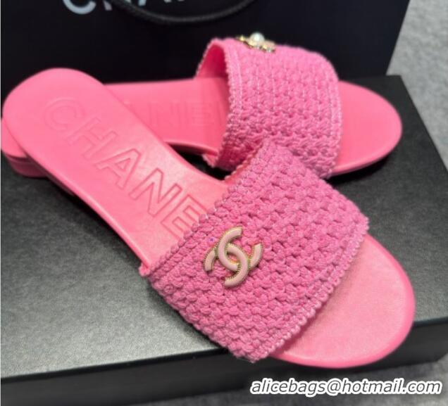 Purchase Chanel Knit Flat Slides Sandal with Logo Pink 722050