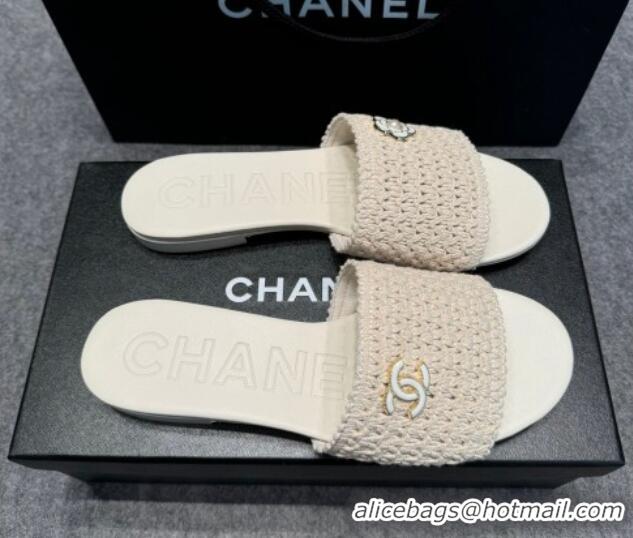 Popular Style Chanel Knit Flat Slides Sandal with Logo Beige 722051