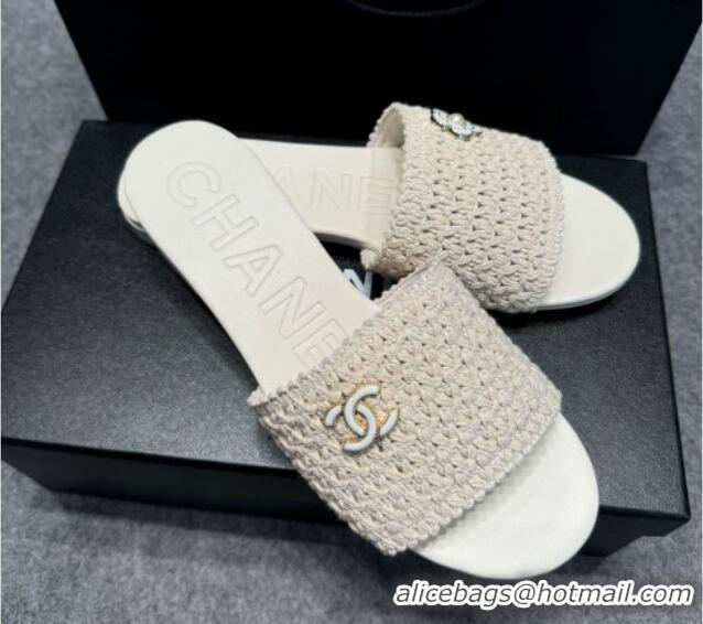 Popular Style Chanel Knit Flat Slides Sandal with Logo Beige 722051