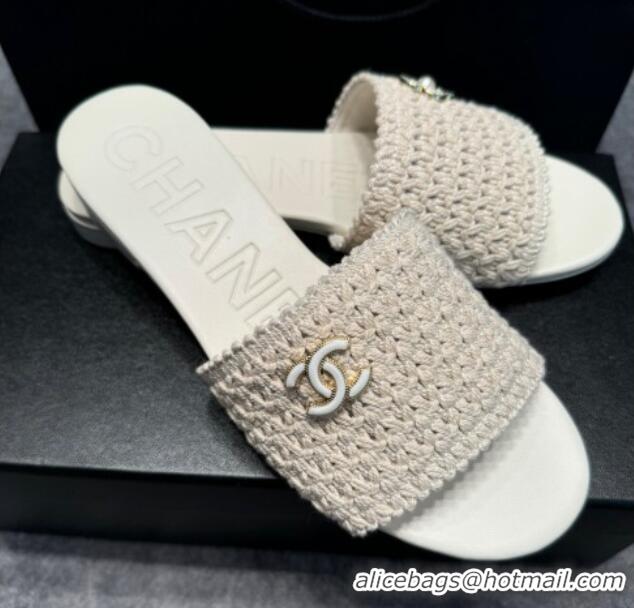 Popular Style Chanel Knit Flat Slides Sandal with Logo Beige 722051