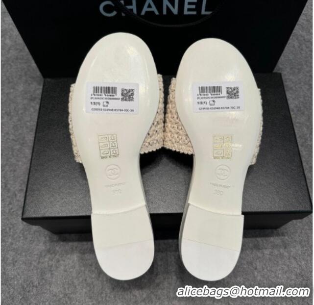 Popular Style Chanel Knit Flat Slides Sandal with Logo Beige 722051