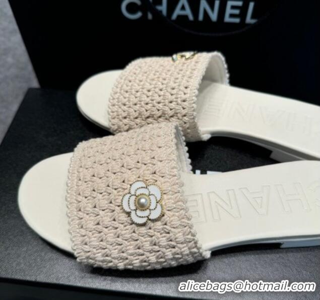 Popular Style Chanel Knit Flat Slides Sandal with Logo Beige 722051