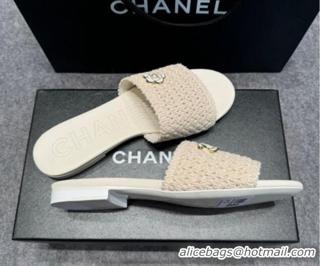 Popular Style Chanel Knit Flat Slides Sandal with Logo Beige 722051