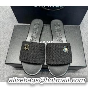 Good Looking Chanel Knit Flat Slides Sandal with Logo Black 722052