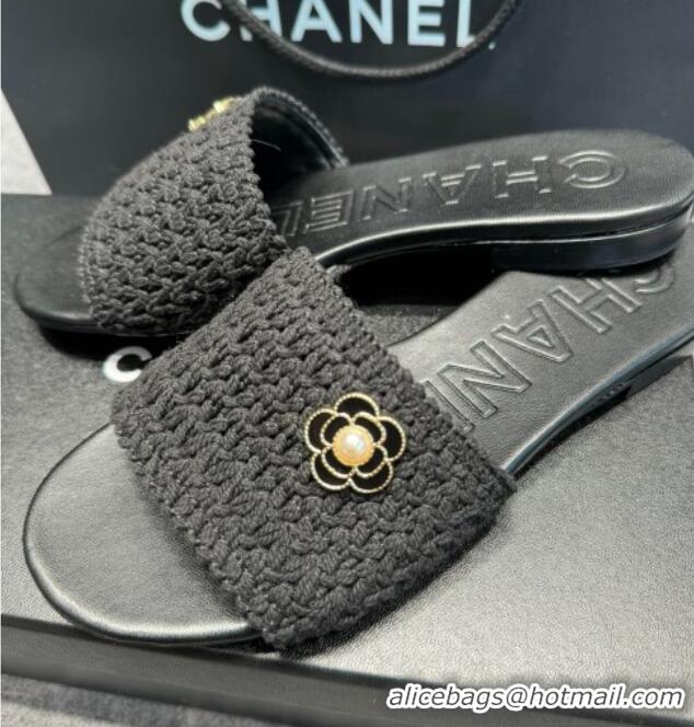 Good Looking Chanel Knit Flat Slides Sandal with Logo Black 722052