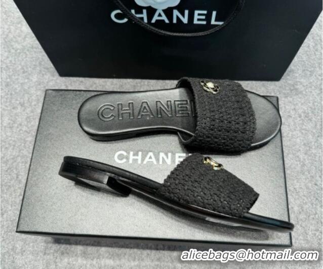 Good Looking Chanel Knit Flat Slides Sandal with Logo Black 722052