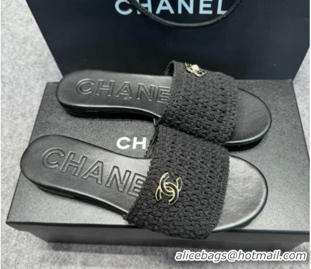 Good Looking Chanel Knit Flat Slides Sandal with Logo Black 722052