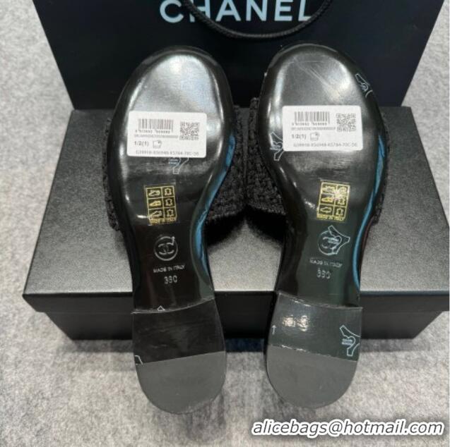 Good Looking Chanel Knit Flat Slides Sandal with Logo Black 722052