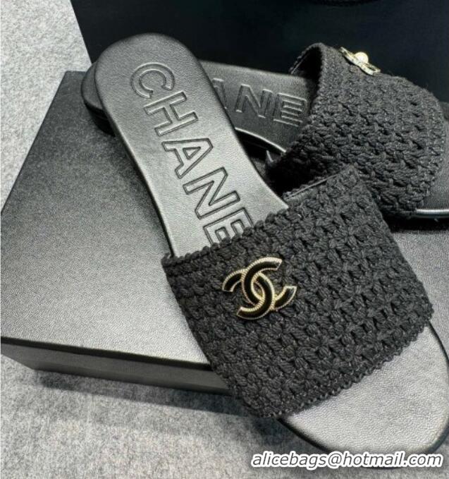 Good Looking Chanel Knit Flat Slides Sandal with Logo Black 722052