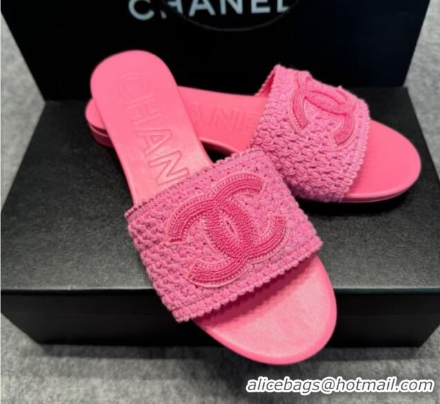 Best Product Chanel Knit Flat Slides Sandal with CC Pink 722053