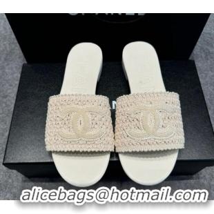 Most Popular Chanel Knit Flat Slides Sandal with CC Beige 722054