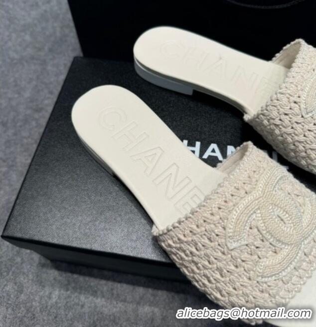 Most Popular Chanel Knit Flat Slides Sandal with CC Beige 722054