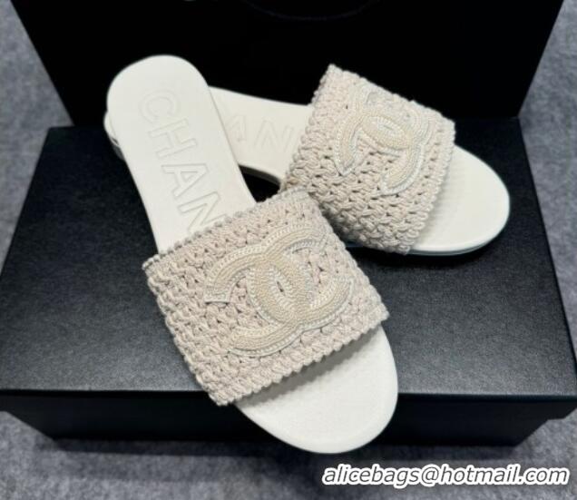 Most Popular Chanel Knit Flat Slides Sandal with CC Beige 722054