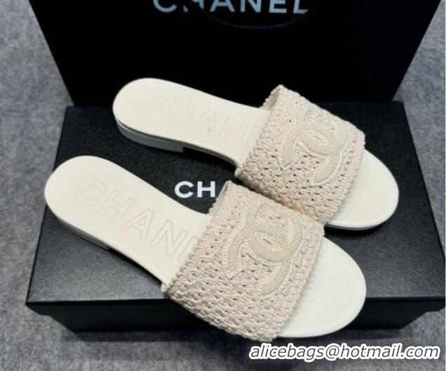 Most Popular Chanel Knit Flat Slides Sandal with CC Beige 722054