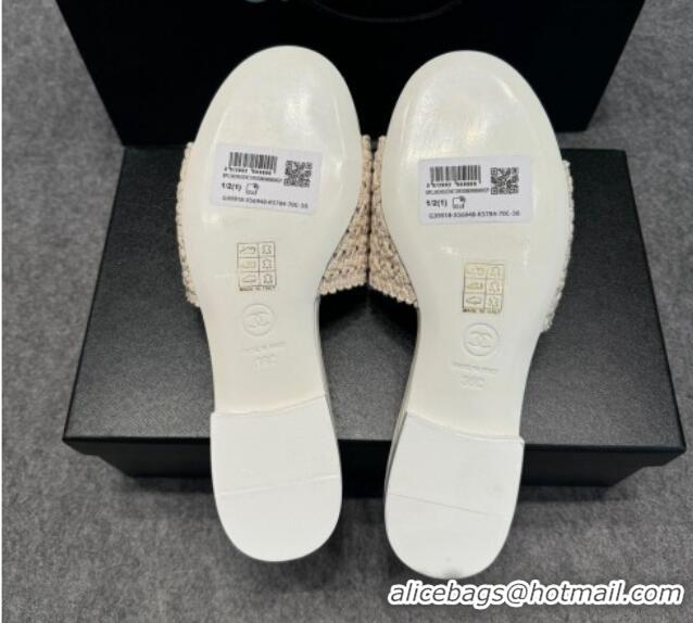 Most Popular Chanel Knit Flat Slides Sandal with CC Beige 722054