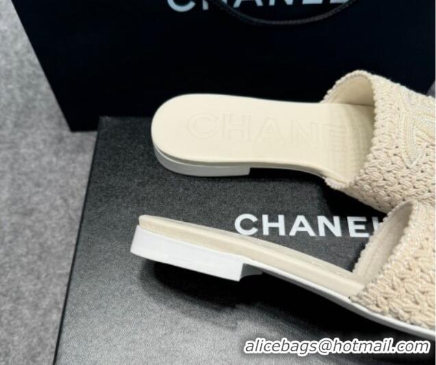 Most Popular Chanel Knit Flat Slides Sandal with CC Beige 722054