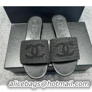 Pretty Style Chanel Knit Flat Slides Sandal with CC Black 722055