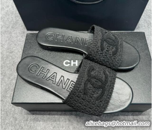 Pretty Style Chanel Knit Flat Slides Sandal with CC Black 722055