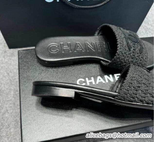 Pretty Style Chanel Knit Flat Slides Sandal with CC Black 722055