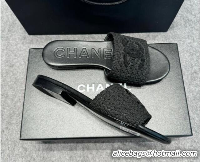 Pretty Style Chanel Knit Flat Slides Sandal with CC Black 722055