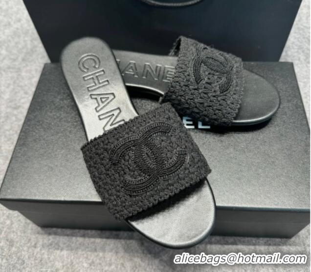 Pretty Style Chanel Knit Flat Slides Sandal with CC Black 722055