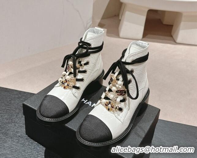 Pretty Style Chanel Patent Crinkled Calfskin Combat lace-up Ankle Boots 5cm White 722056