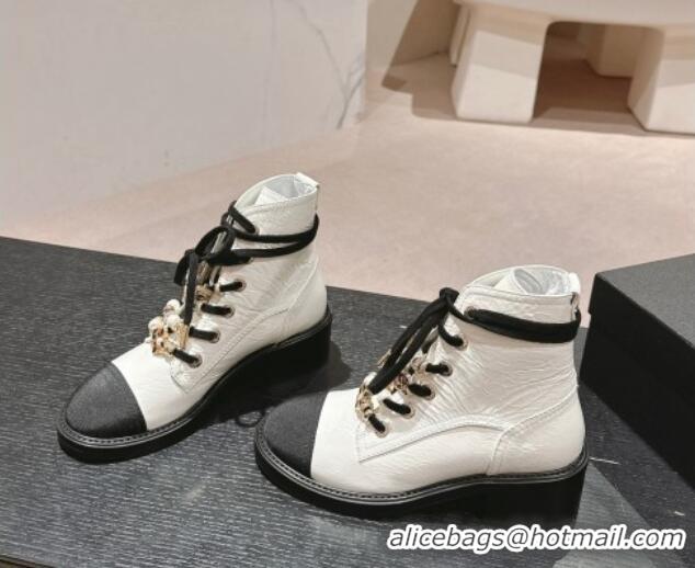 Pretty Style Chanel Patent Crinkled Calfskin Combat lace-up Ankle Boots 5cm White 722056