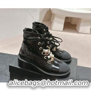 Classic Hot Chanel Patent Crinkled Calfskin Combat lace-up Ankle Boots 5cm Black 722057