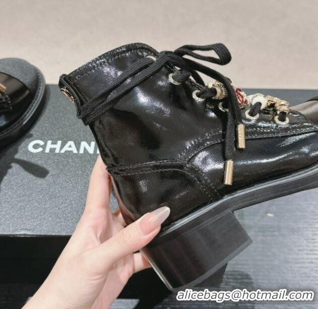 Classic Hot Chanel Patent Crinkled Calfskin Combat lace-up Ankle Boots 5cm Black 722057