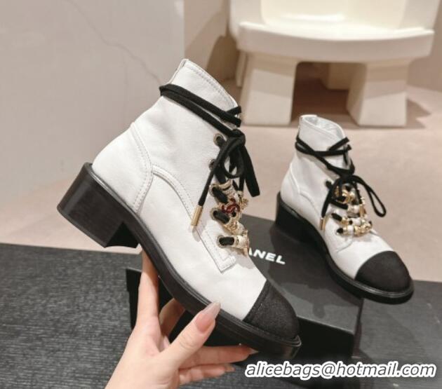 Luxurious Chanel Calfskin leather Combat lace-up Ankle Boots 5cm White 722058