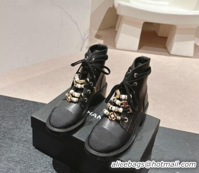 Good Quality Chanel Calfskin Leather Combat lace-up Ankle Boots 5cm Black 722059