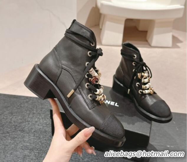 Good Quality Chanel Calfskin Leather Combat lace-up Ankle Boots 5cm Black 722059