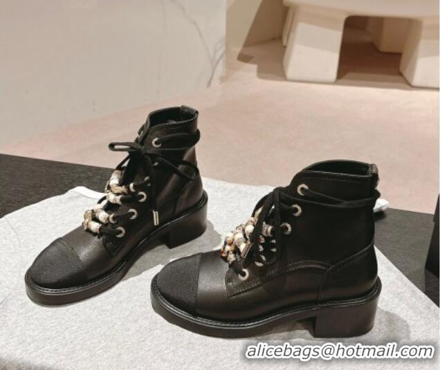 Good Quality Chanel Calfskin Leather Combat lace-up Ankle Boots 5cm Black 722059