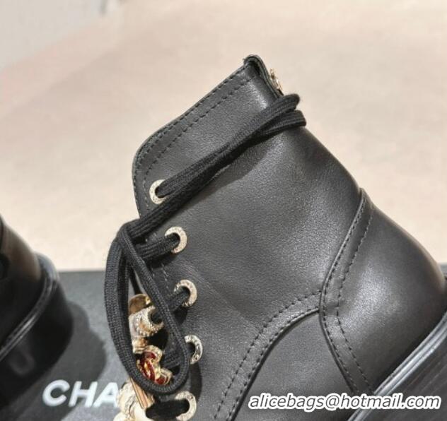 Good Quality Chanel Calfskin Leather Combat lace-up Ankle Boots 5cm Black 722059