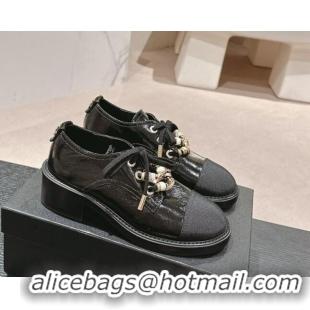 Best Product Chanel Patent Crinkled Calfskin lace-up Pumps 5cm with Charm Black 722061