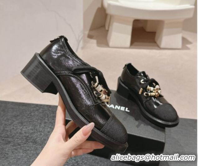 Best Product Chanel Patent Crinkled Calfskin lace-up Pumps 5cm with Charm Black 722061