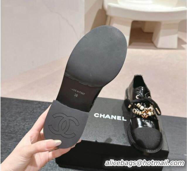 Best Product Chanel Patent Crinkled Calfskin lace-up Pumps 5cm with Charm Black 722061