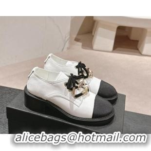 Unique Style Chanel Calfskin leather lace-up Pumps 5cm with Charm White 722062