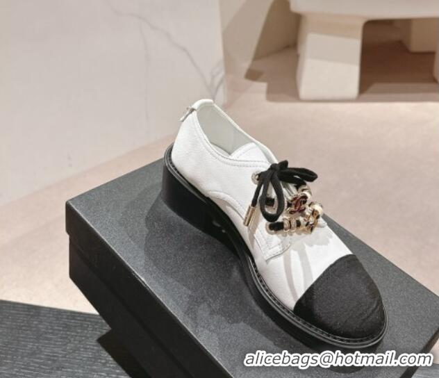 Unique Style Chanel Calfskin leather lace-up Pumps 5cm with Charm White 722062