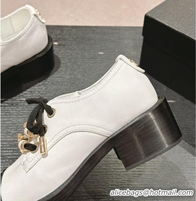 Unique Style Chanel Calfskin leather lace-up Pumps 5cm with Charm White 722062