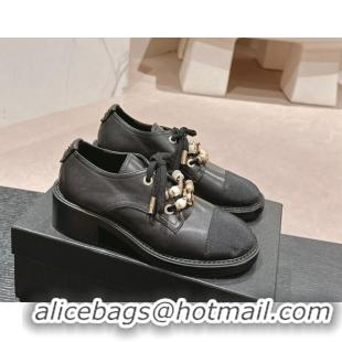 Top Grade Chanel Calfskin leather lace-up Pumps 5cm with Charm Black 722063