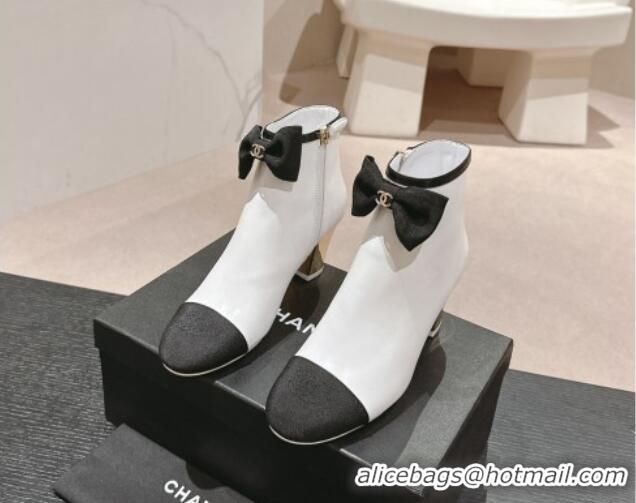 Best Grade Chanel Calfskin & Grosgrain Ankle Boots with Bow White 722068