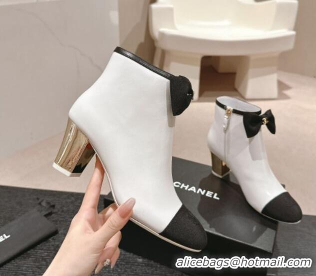 Best Grade Chanel Calfskin & Grosgrain Ankle Boots with Bow White 722068