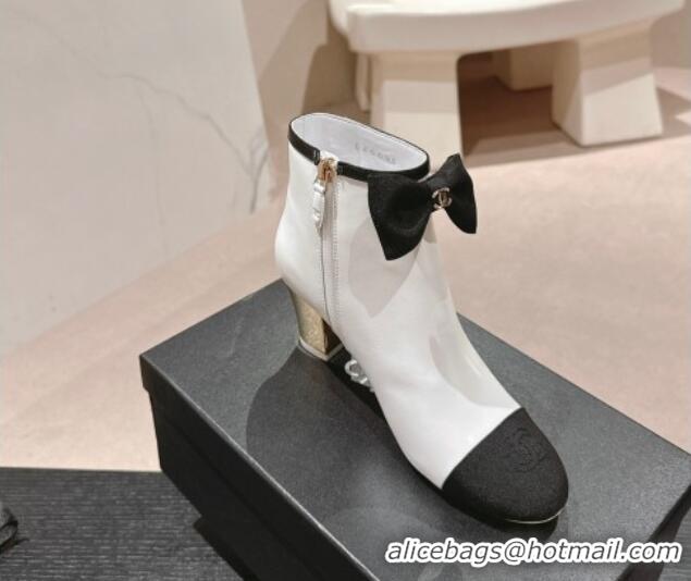 Best Grade Chanel Calfskin & Grosgrain Ankle Boots with Bow White 722068