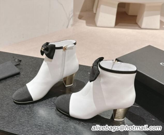 Best Grade Chanel Calfskin & Grosgrain Ankle Boots with Bow White 722068